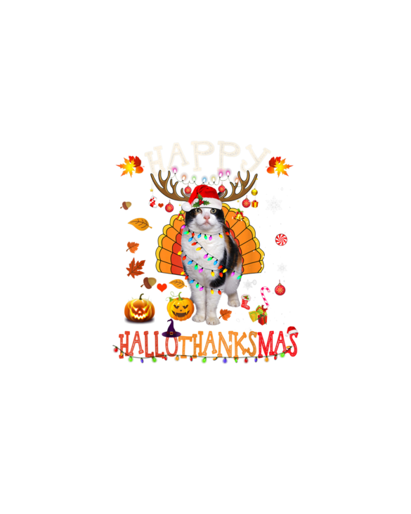 Funny Cat Happy Hallothanksmas Halloween Thanksgiving Xmas T-Shirt