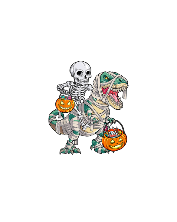 Skeleton Riding Mummy Dinosaur T Rex Halloween Funny Pumpkin T-Shirt