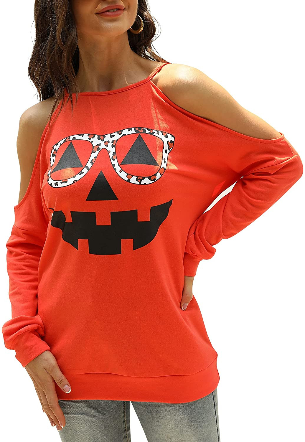 Pumpkin Face Blouse Halloween Pumpkin Cold Shoulder  T-Shirt