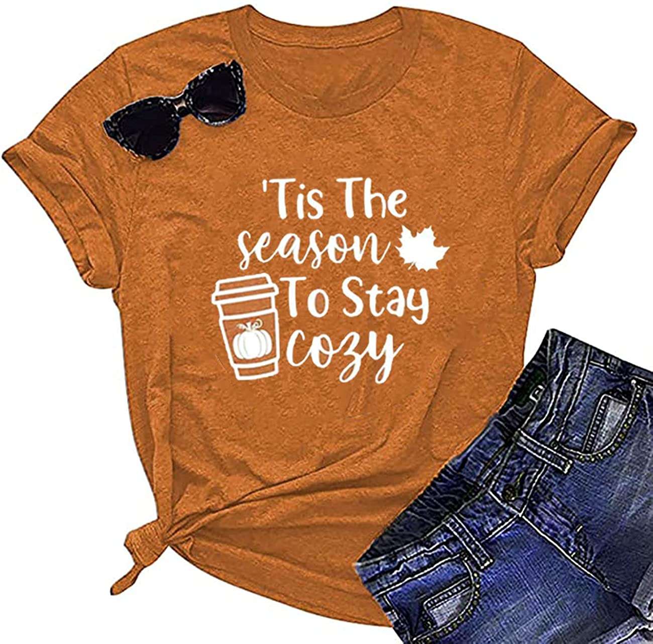 TisTheSeasontoStayCozyT-ShirtWomenPumpkinSpiceFallShirtFunnyLetterPrintedThanksgivingTeeTop T-Shirt