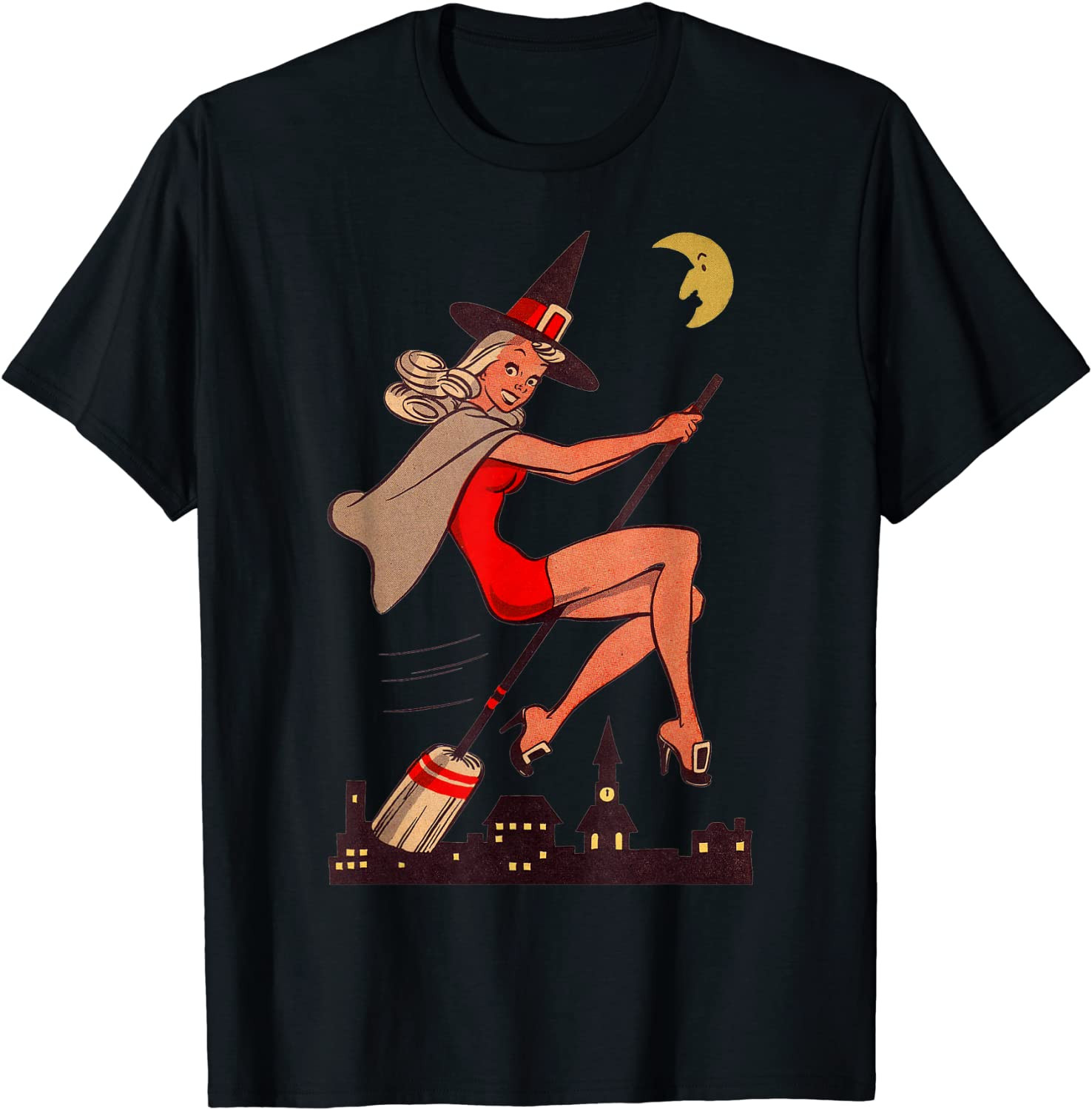 Vintage Pin Up Witch Halloween Sexy Pinup Girl Witches Broom T-Shirt