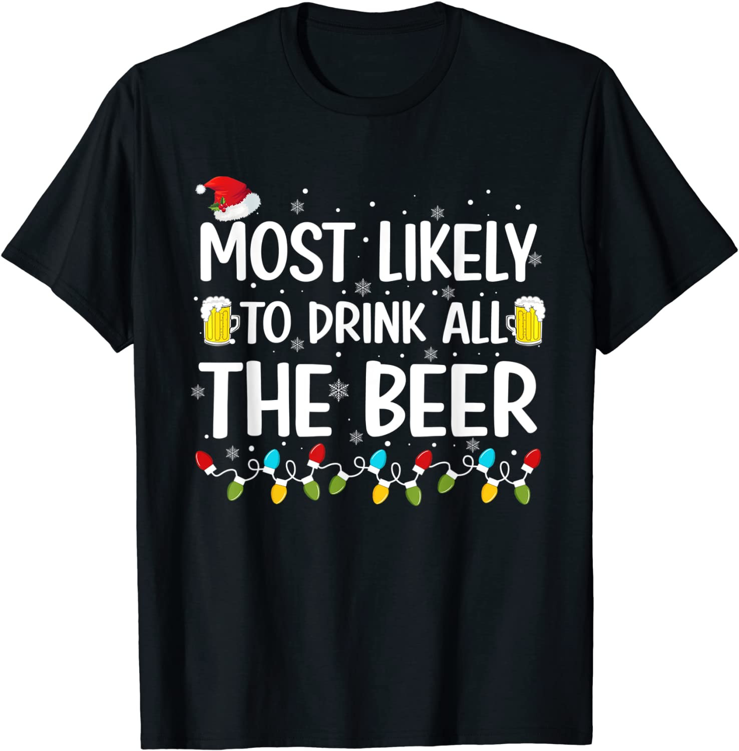 Beer Ugly Christmas  Santa Hat Lights Xmas Pajama T-Shirt