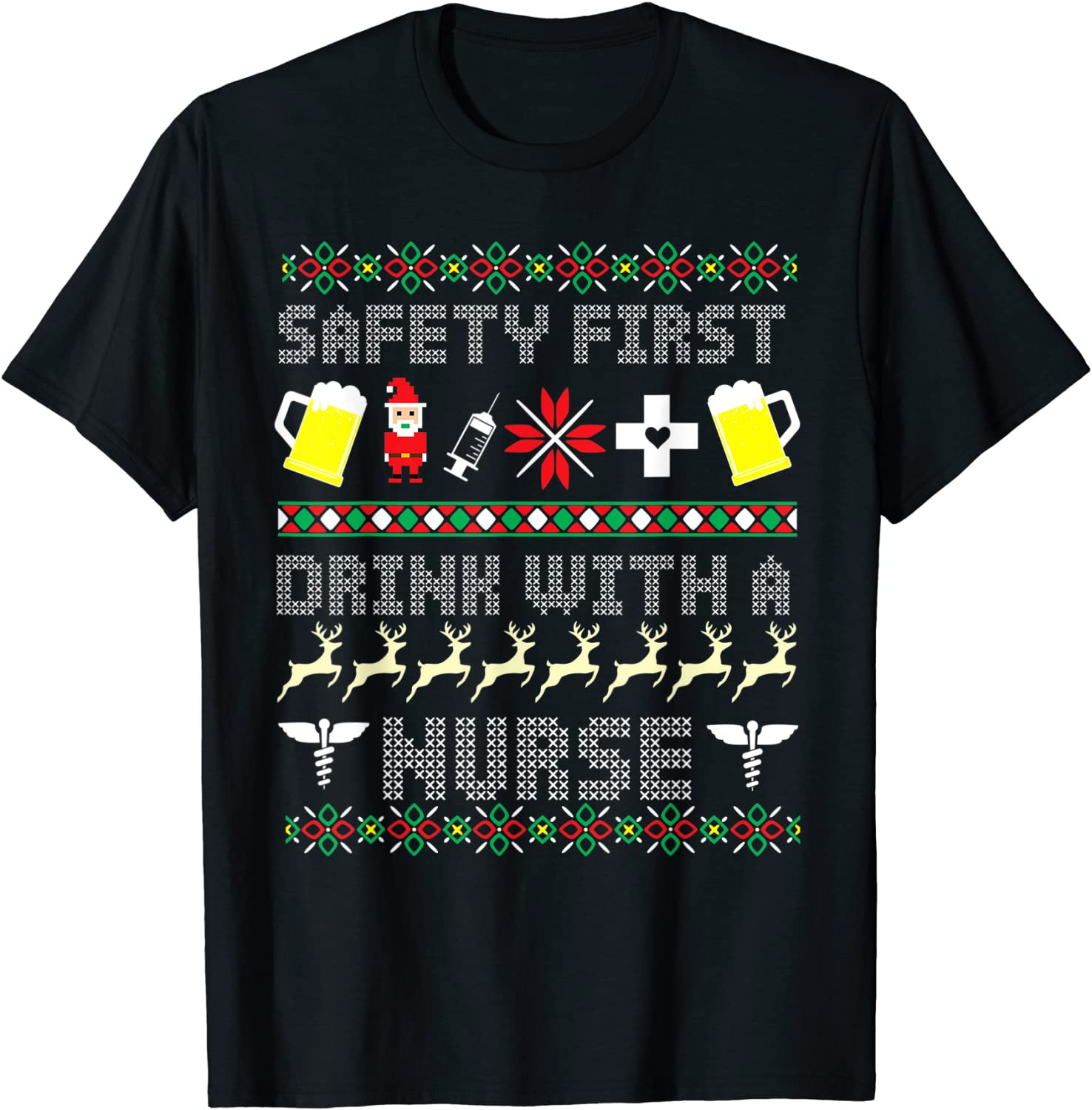 Christmas Nurse Drinking Alcohol Beer Ugly Christmas  T-Shirt