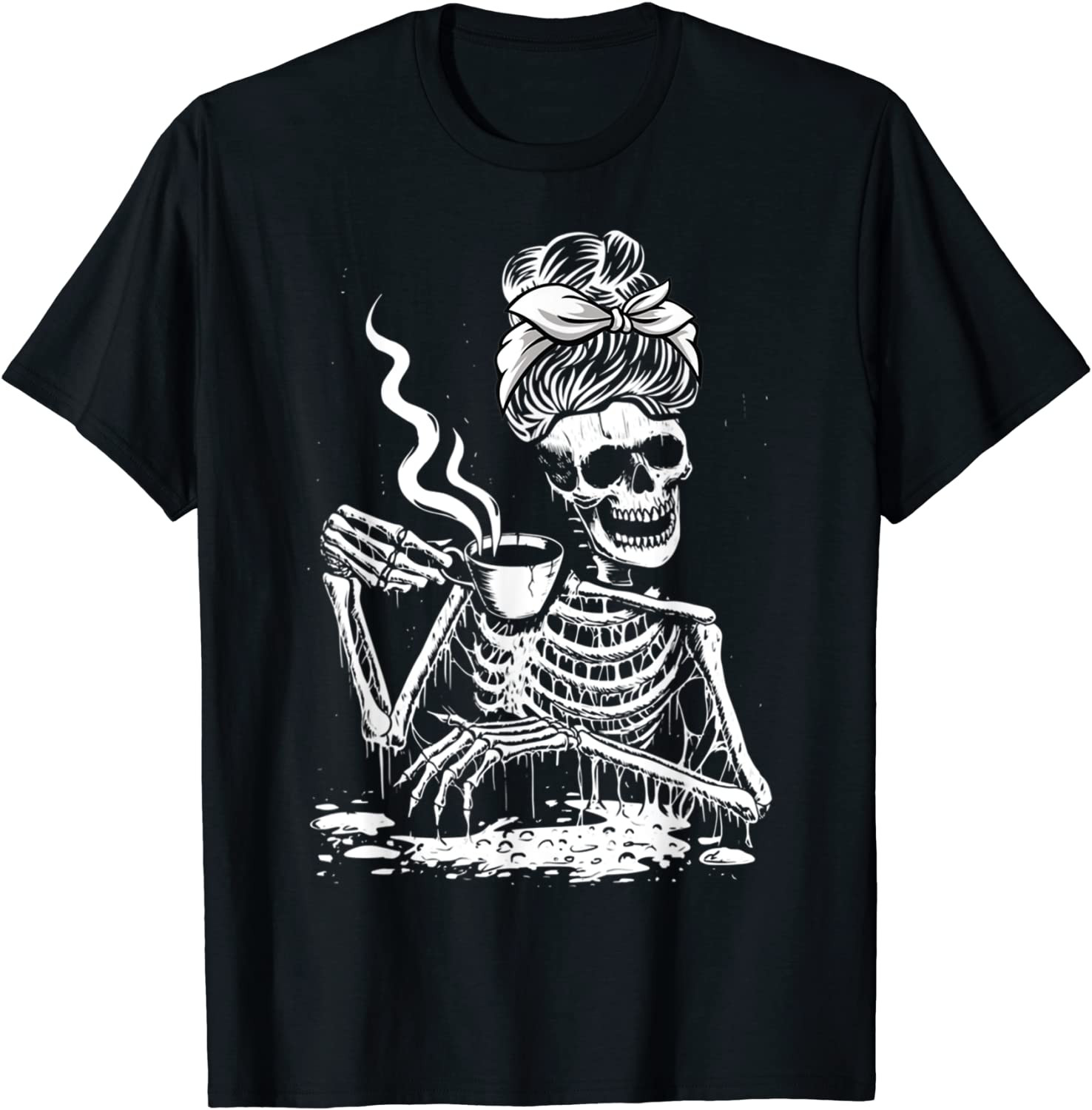 Coffee Drinking Skeleton Lazy DIY Halloween Costume Women T-Shirt