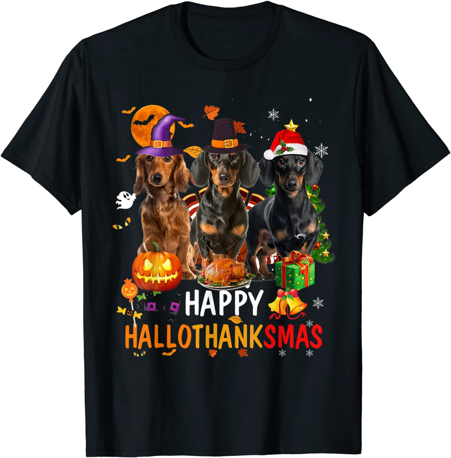 Dachshund Dog Halloween Merry Christmas Happy Hallothanksmas T-Shirt