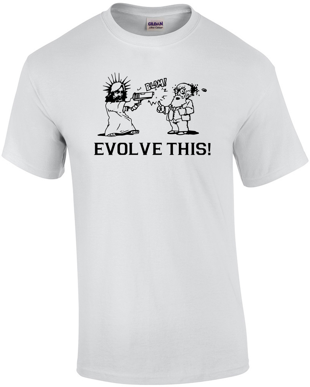 Paul Movie Evolve This! Jesus Shooting Darwin Light Blue T-Shirt