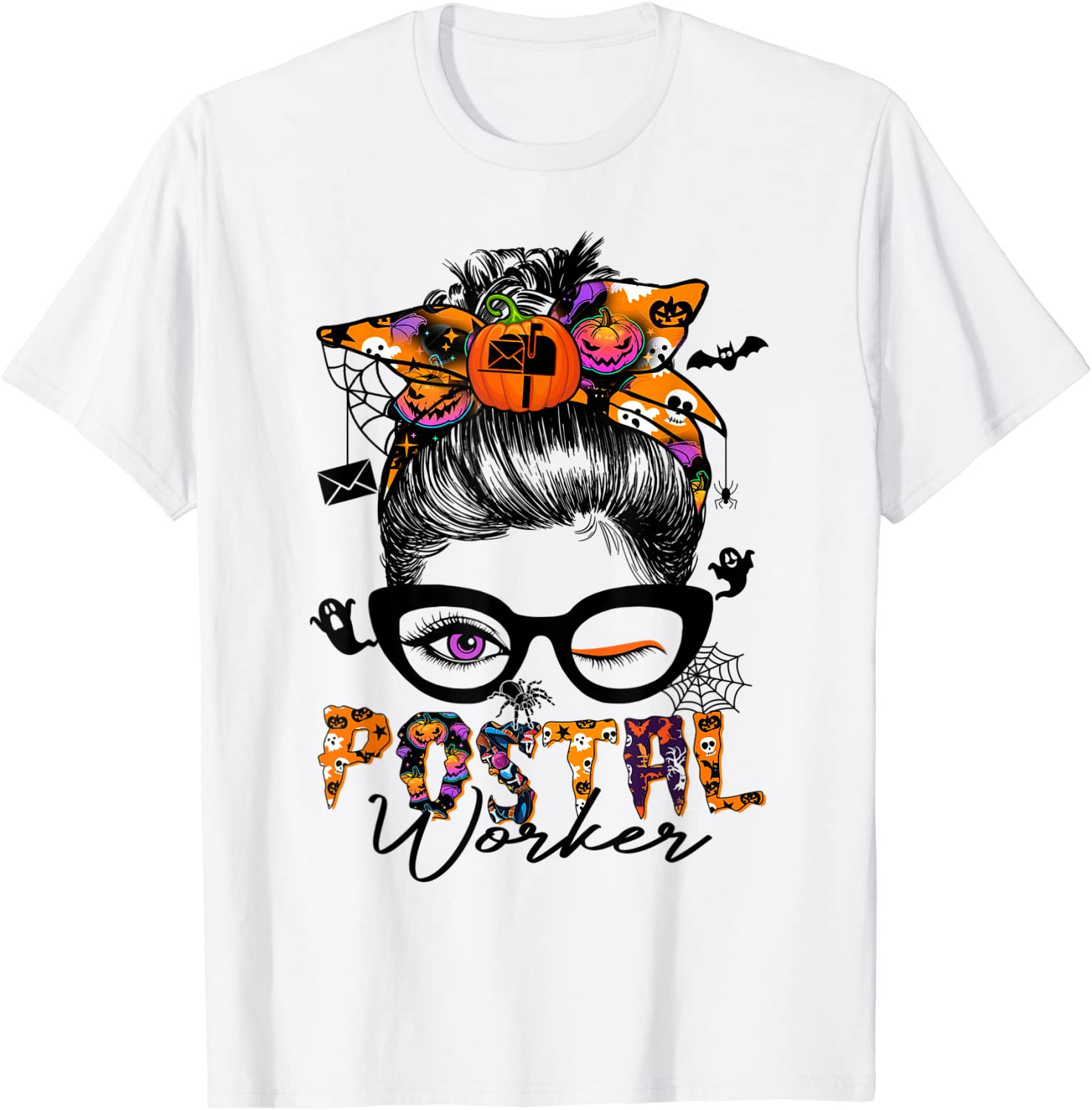 Halloween Postal Worker-Messy Bun Hair- Pumpkin- Girl T-Shirt