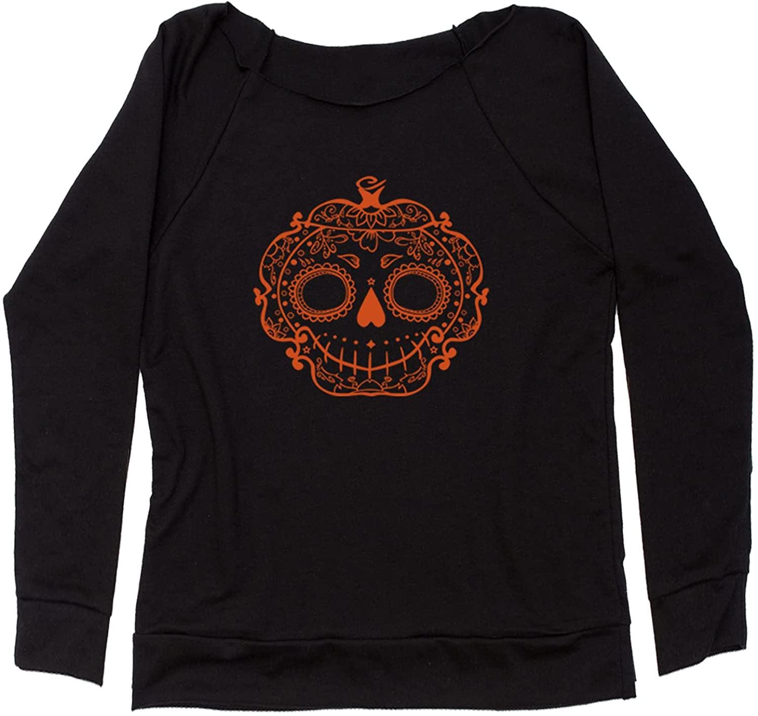 Halloween Sugar Skull Pumpkin Head Off Shoulder Sweat T-Shirt