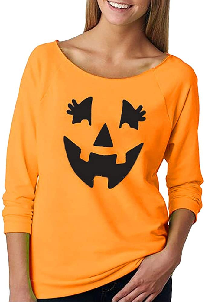 Halloween Tops, Women Solid Pumpkin Face Print T-Shirt