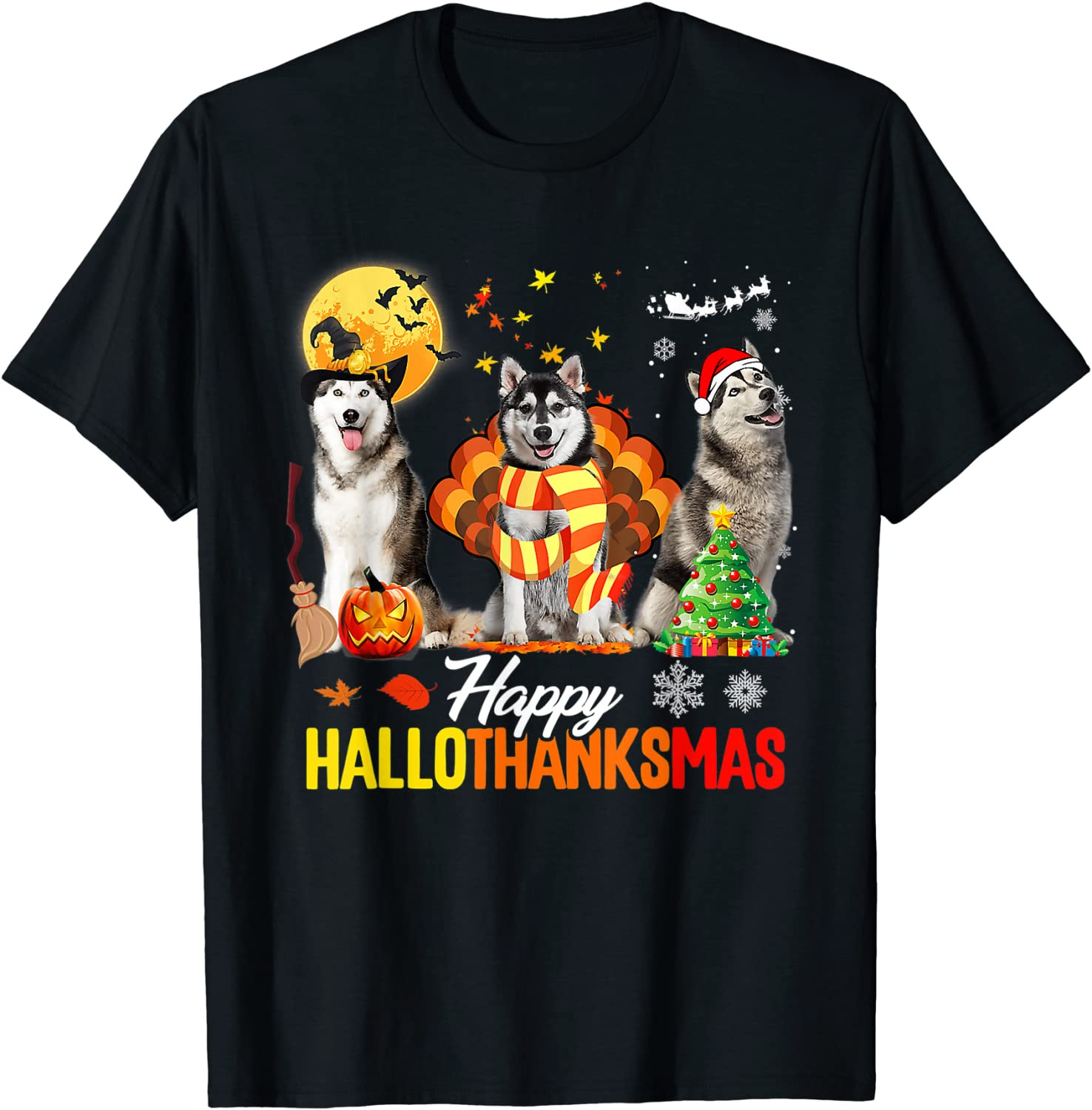 Husky Dog Happy Hallothanksmas Halloween Thanksgiving Xmas T-Shirt