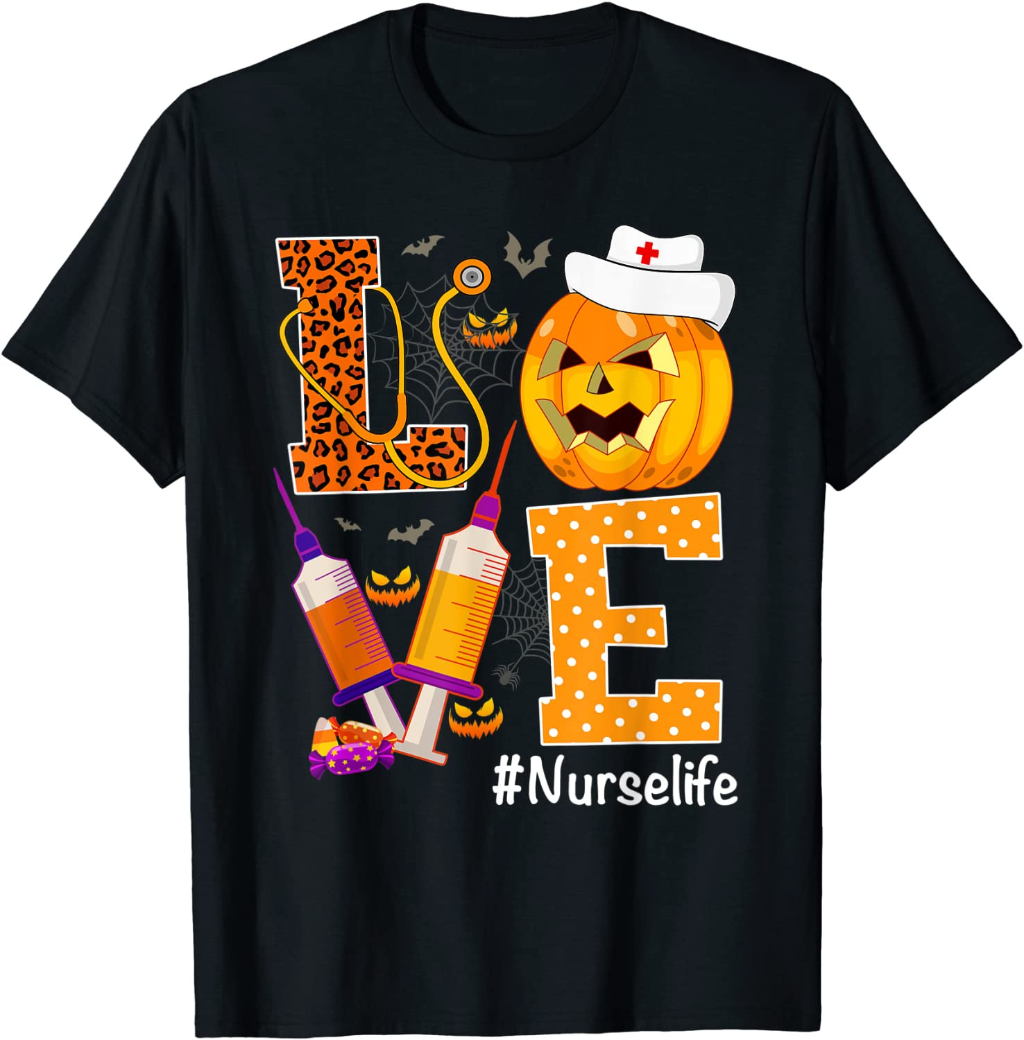 Love Nurse Life Halloween Fall Leopard Pumpkin Stethoscope T-Shirt