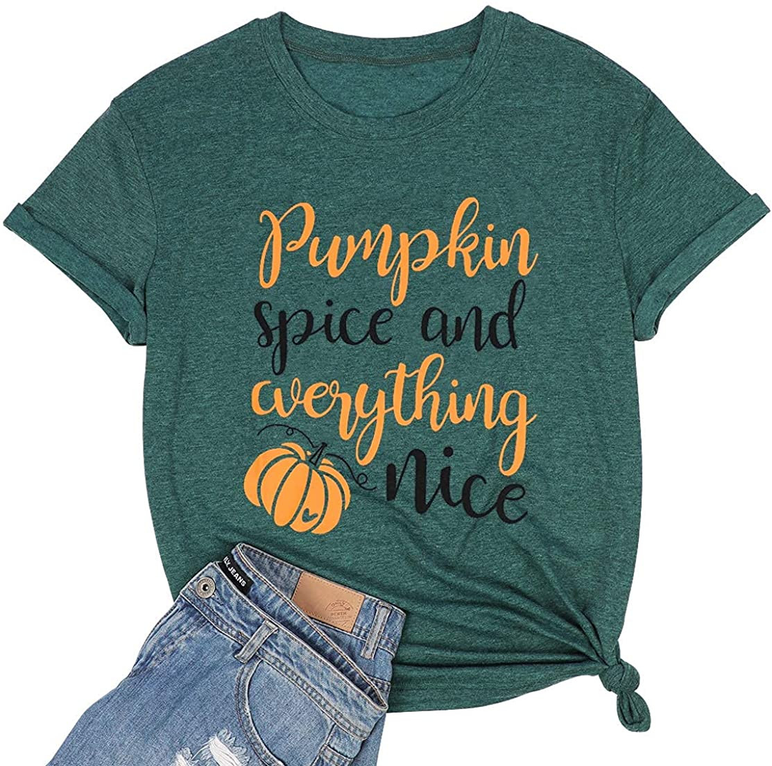 LUKYCILDWomenPumpkinShirtCutePumpkinGraphicLetterPrintT-ShirtShortSleeveRoundNeckHalloweenTeeTops T-Shirt