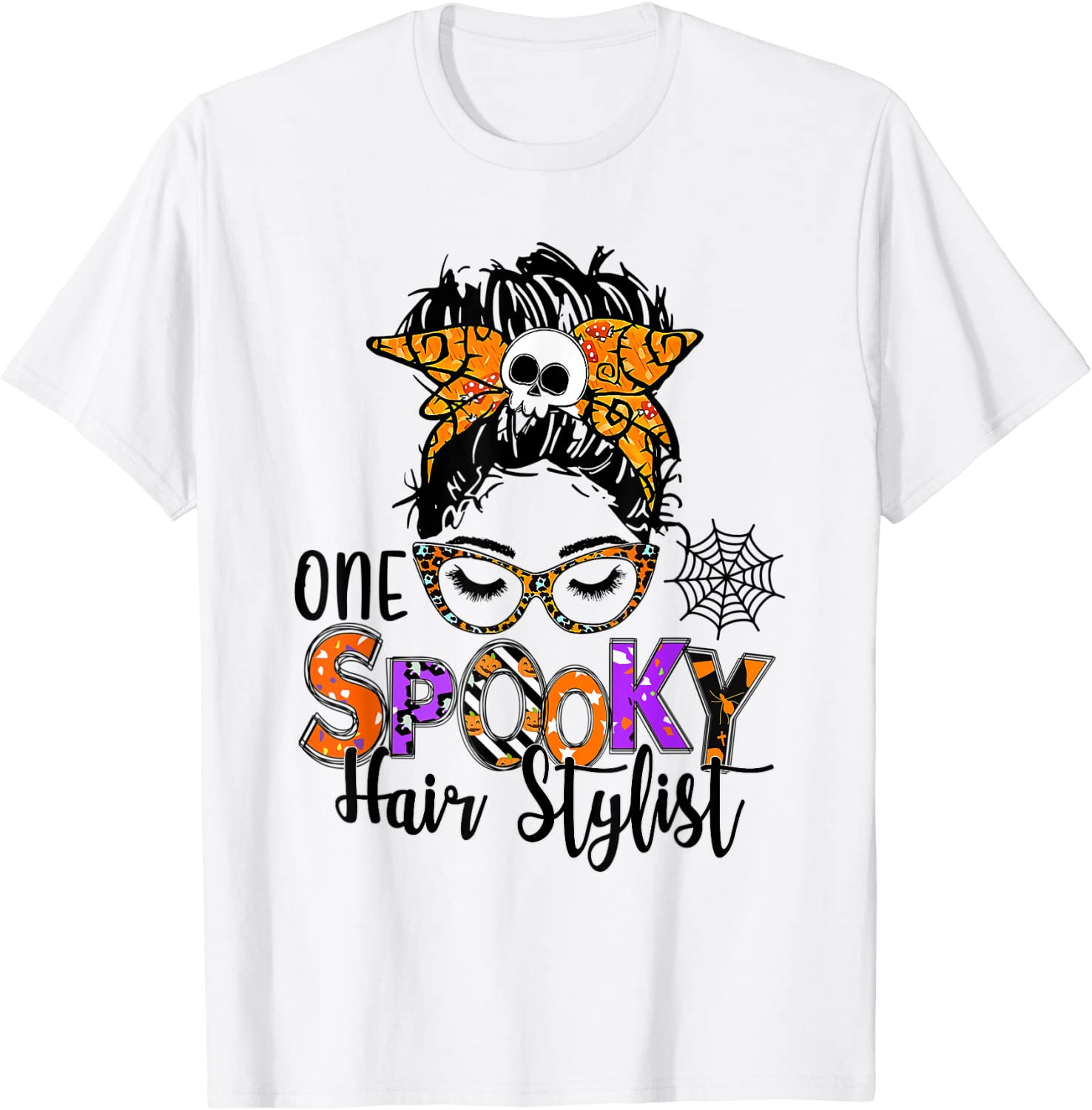 One Spooky Hair Stylist Skull Messy Bun Leopard Halloween T-Shirt