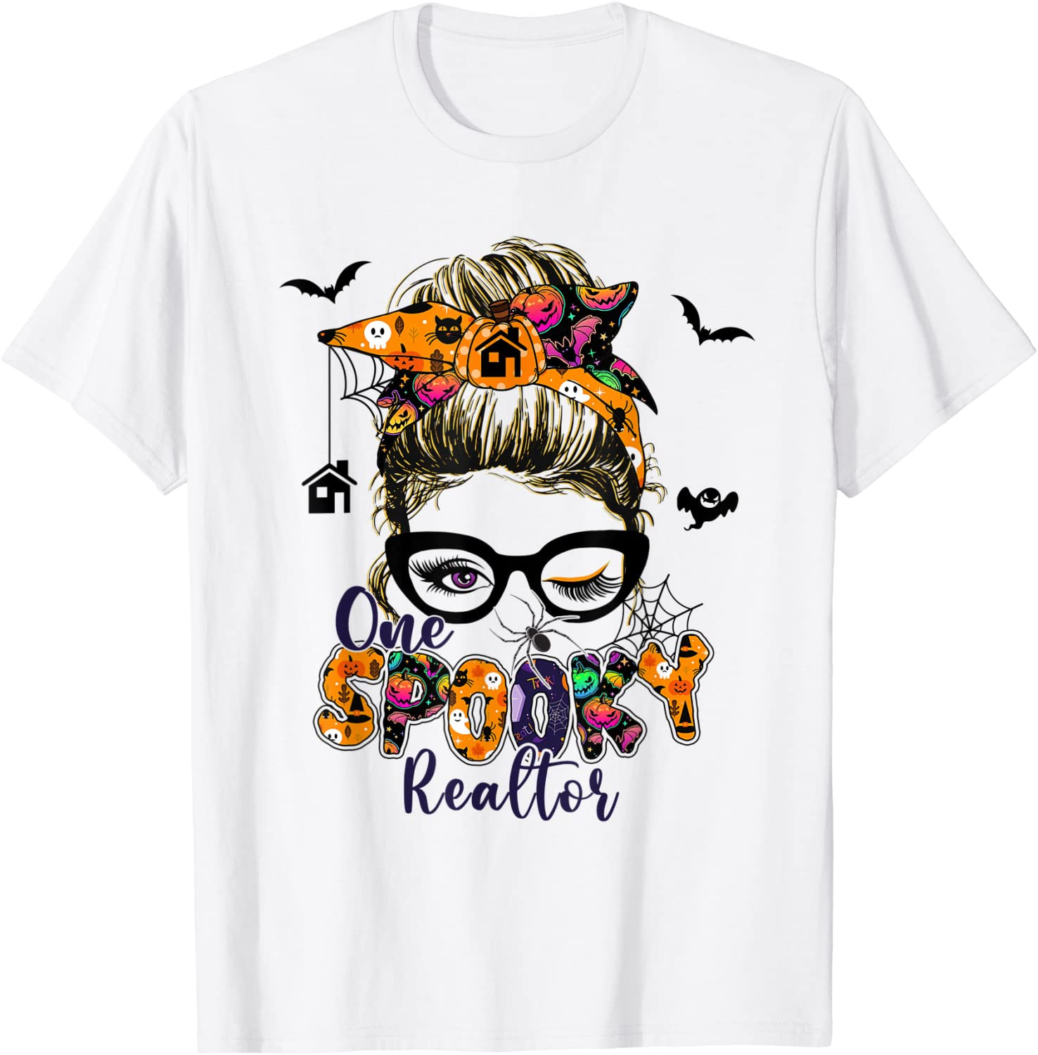 One Spooky Realtor Messy Bun Trick Or Treat Halloween T-Shirt