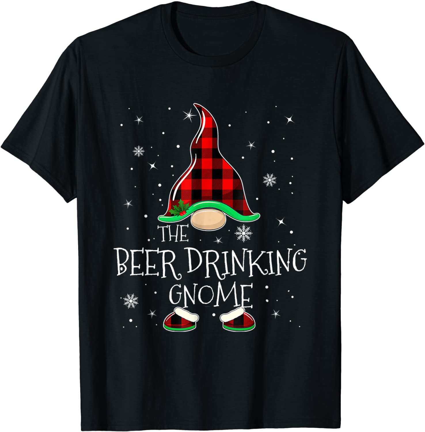 Red Plaid The Beer Drinking Gnome Family Christmas Pajamas T-Shirt