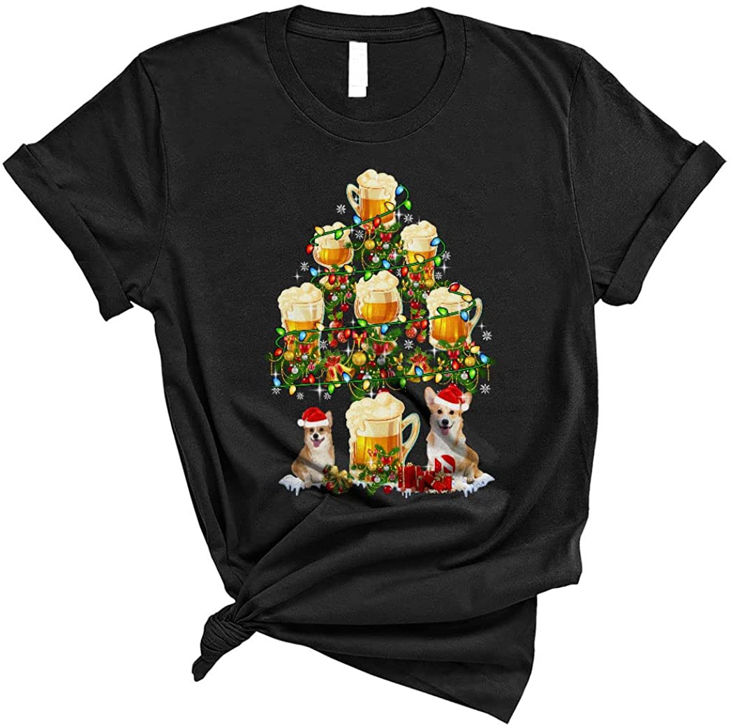 Santa Corgi And Beer Glasses Christmas Tree T-Shirt