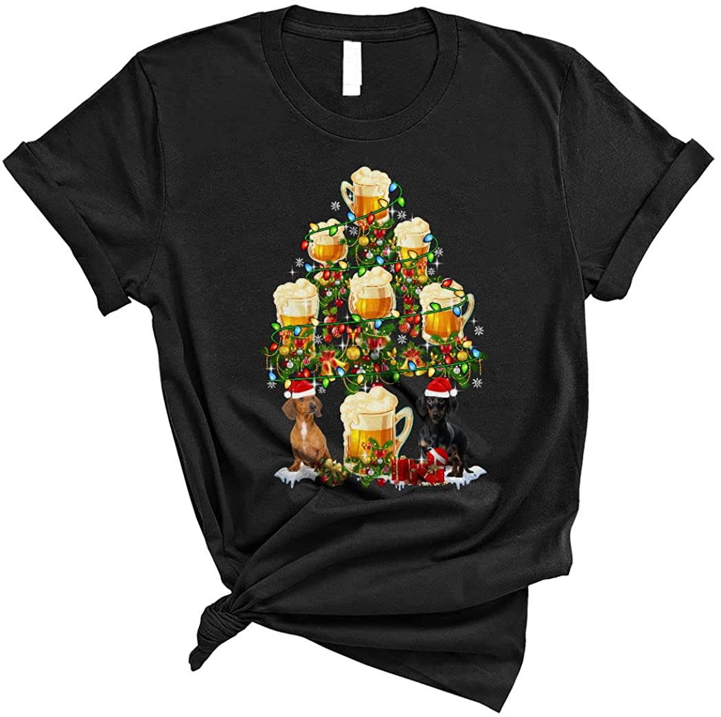 Santa Dachshund And Beer Glasses Christmas Tree T-Shirt