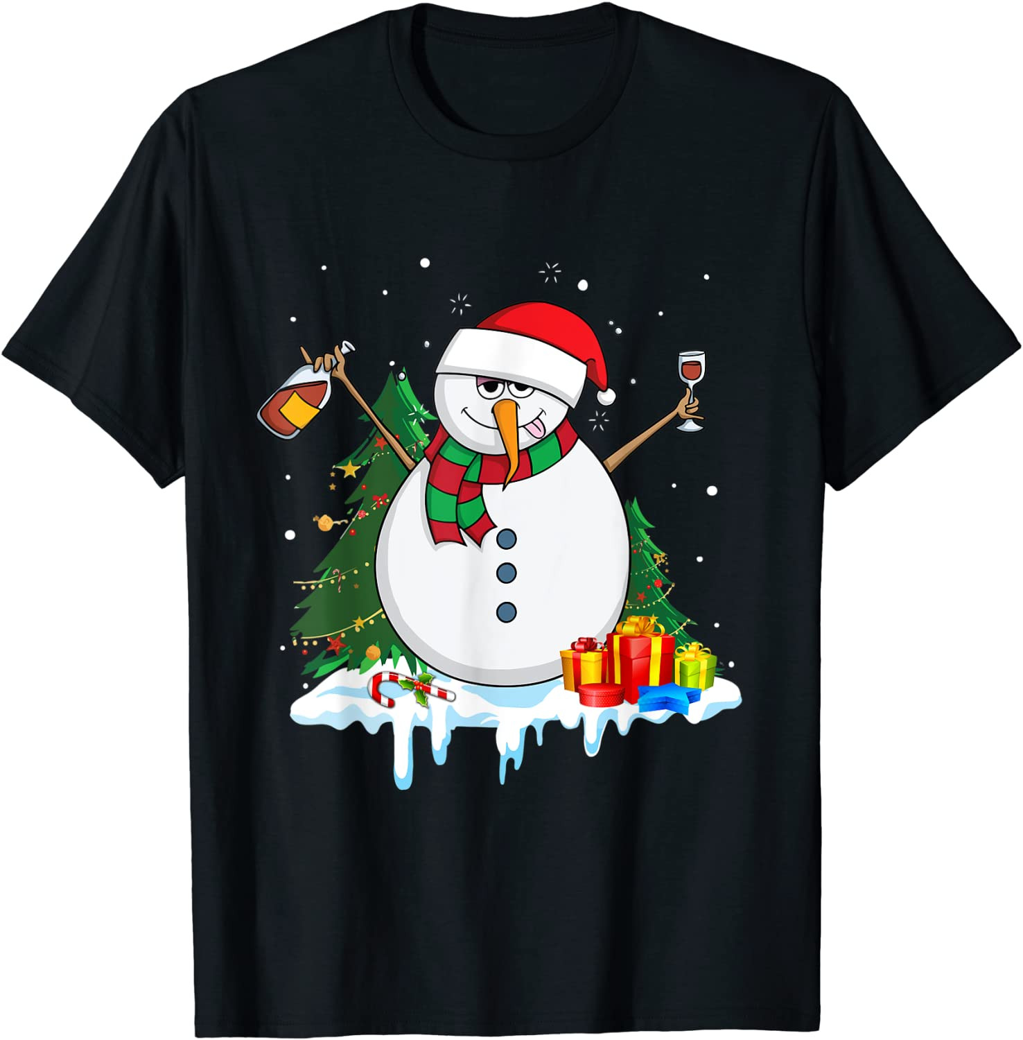Snowman Wine Christmas Pajama Drinking Gifts For Women Men T-Shirt