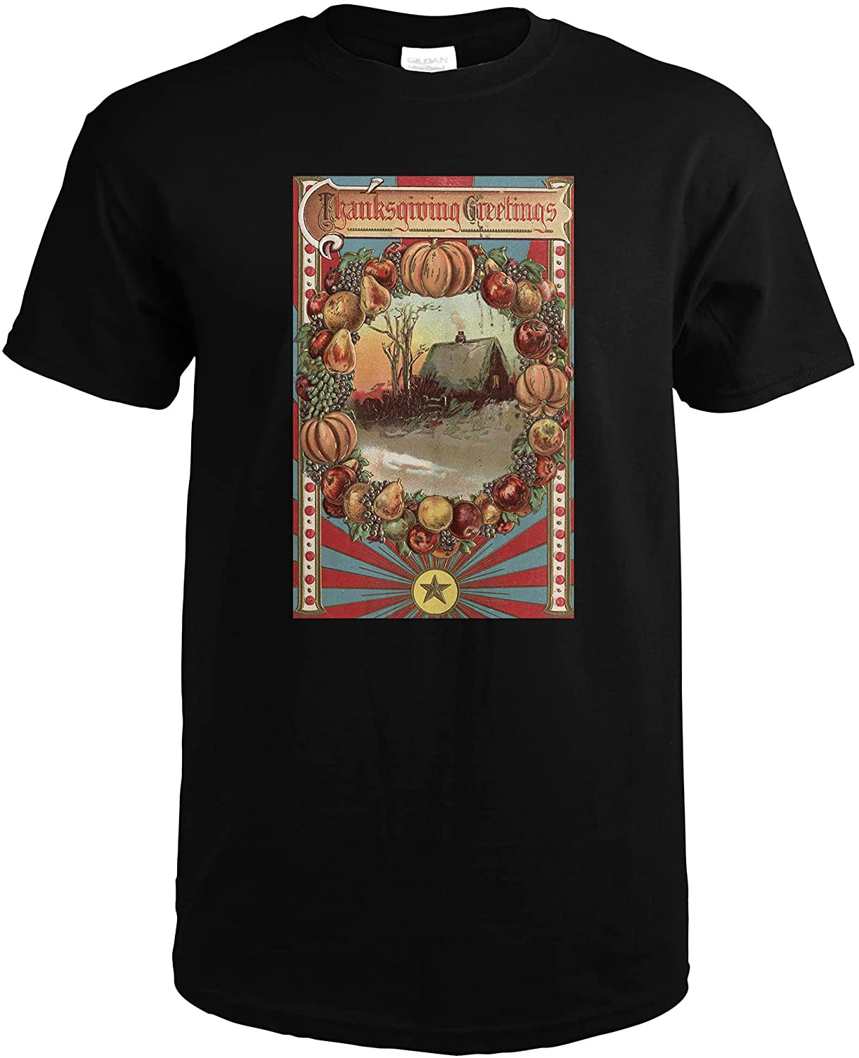 Thanksgiving Greetings, A Country Scene With Produce Border (Premium T-Shirt