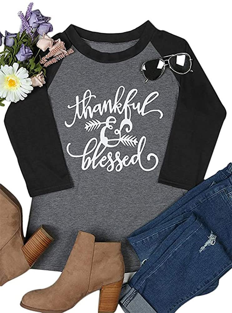 Thanksgiving Thankful Blessed Print O-Neck Casual 3/4 Sleeve T-Shirt