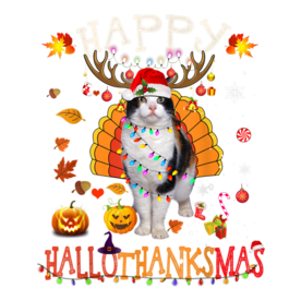 Funny Cat Happy Hallothanksmas Halloween Thanksgiving Xmas T-Shirt