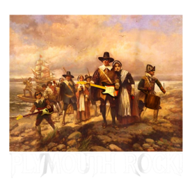 Plymouth Rock! Thanksgiving Pilgrims Rocking Guitars & Drum T-Shirt