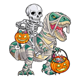 Skeleton Riding Mummy Dinosaur T Rex Halloween Funny Pumpkin T-Shirt