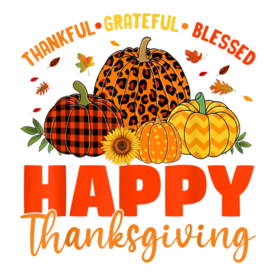 Thankful Grateful Blessed Leopard Plaid Pumpkin Thanksgiving T-Shirt