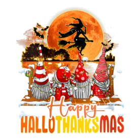 Womens Halloween Gnomes Happy HalloThanksMas Thanksgiving Christmas V-Neck T-Shirt