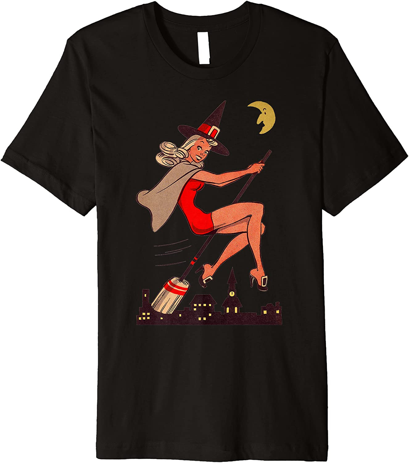 Vintage Pin Up Witch Halloween Pinup Girl Witches Broom T-Shirt