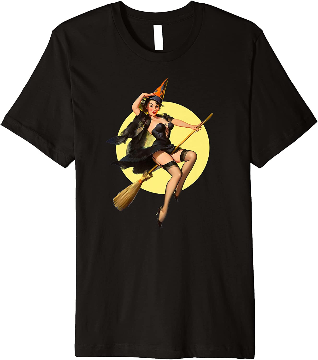 Vintage Pinup Witch On Witches Broom Halloween Pin Up Girl T-Shirt