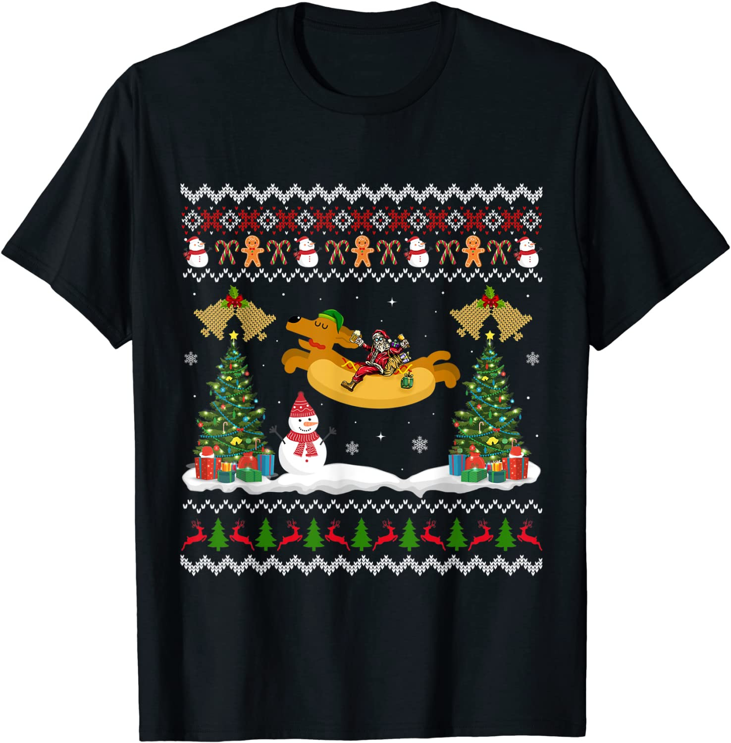 Weiner Daschund Ugly Xmas Beer Santa Riding Weiner Christmas T-Shirt